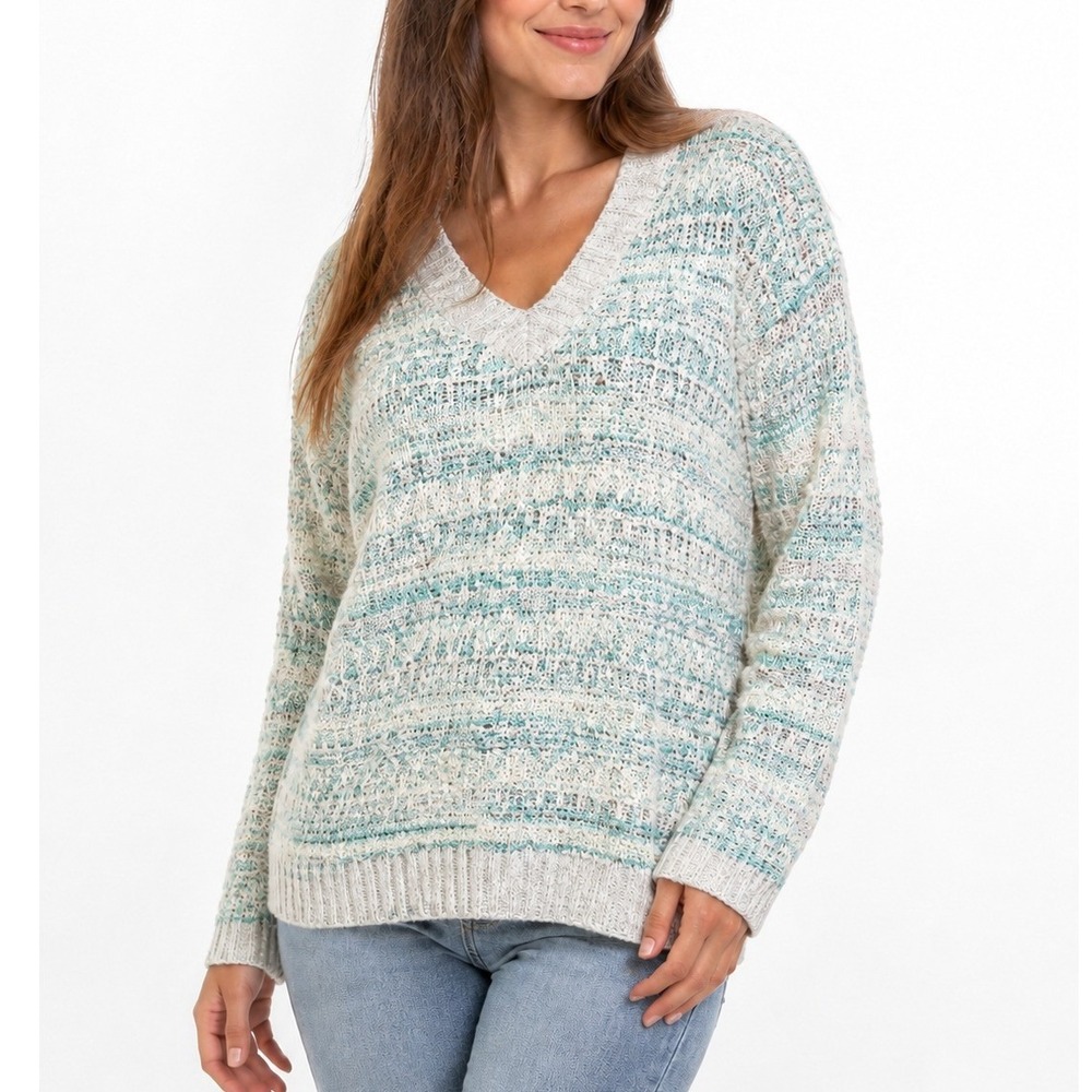 Womens Striped Knit Sweater Blue White Sz M V Neck Coastal Pullover Long Sleeve
